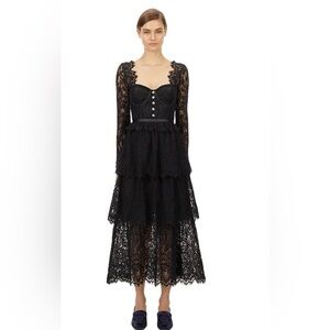 EUC, worn once, Self Portrait Black Fine Corded Lace Tiered Midi Dress US10